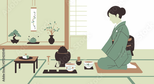 Serene Tea Ceremony Illustration Depicting Japanese Culture and Tradition for Educational Materials and Cultural Awareness Campaigns.