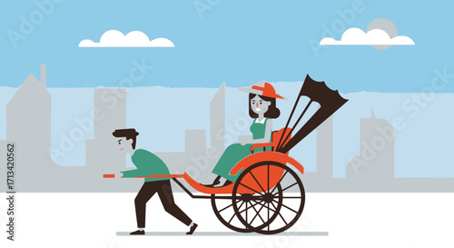 Animated Illustration Depicting a Rickshaw Ride in a Cityscape, Suitable for Tourism Promotion, Cultural Exchange, or Animated Storytelling Projects.