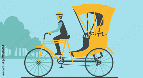 Retro Bicycle Rickshaw Illustration for Eco-Friendly Transportation and Cultural Tourism Promotion in Urban Settings and Historical Districts
