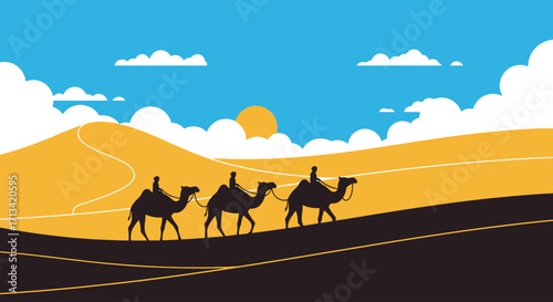 Desert Caravan Illustration Depicting a Journey Through Sand Dunes Under a Bright Sun, Ideal for Travel Brochures, Educational Materials, or Cultural Presentations.