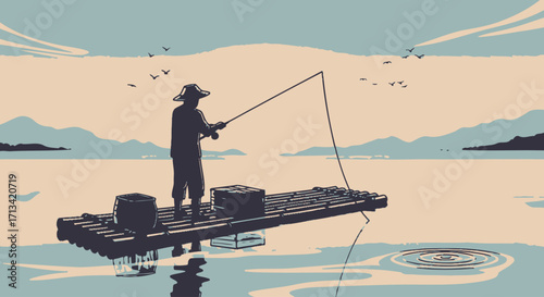 Serene Fisherman on a Bamboo Raft, Casting a Line on Calm Waters, Perfect for Illustrating Traditional Fishing Practices and Peaceful Outdoor Activities