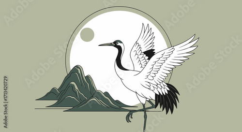 Elegant Crane Illustration with Mountain Landscape for Asian-Inspired Designs and Cultural Projects, suitable for backgrounds, wall art, or decorative elements