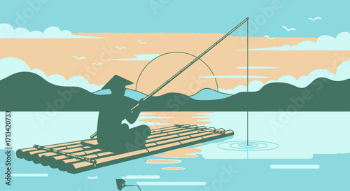 Serene Fisherman Illustration on Bamboo Raft at Sunset, Evoking Tranquility and Traditional Asian Fishing Practices for Travel and Leisure Marketing