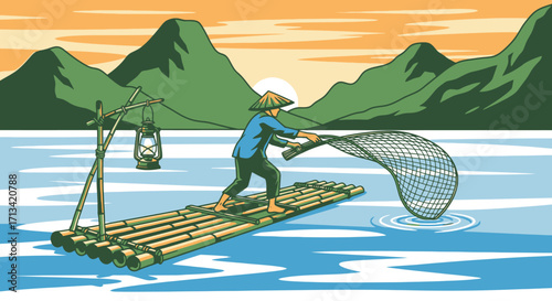 Serene Asian Fisherman Casting Net from Bamboo Raft at Sunset, Evoking Peaceful Tradition and Cultural Heritage for Illustrations and Educational Materials.