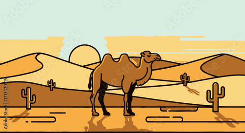 Serene desert landscape featuring a majestic camel, rolling sand dunes, and iconic cacti under a warm sun. Ideal for travel, adventure, and educational content