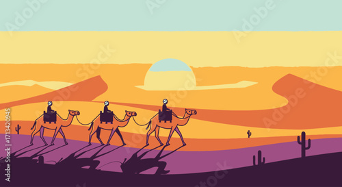 Serene Desert Caravan Illustration at Sunset Depicting Travel, Adventure, and Cultural Heritage for Educational and Travel-Related Content