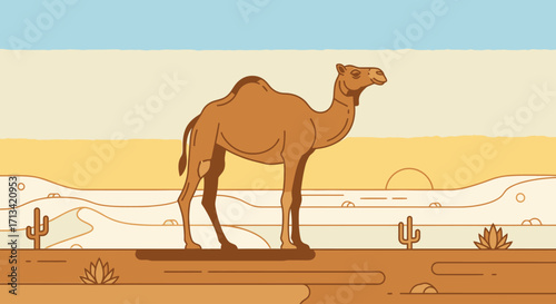 Cartoon Illustration of a Camel in a Desert Landscape Depicting the Arid Beauty and Unique Wildlife, Ideal for Educational Materials, Children's Books, or Travel-Related Content