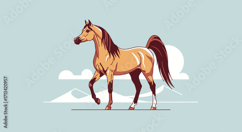Elegant Arabian Horse Illustration with Desert Landscape, Perfect for Equine Enthusiasts and Educational Resources. Ideal for digital art, graphic design, and stock illustration projects.