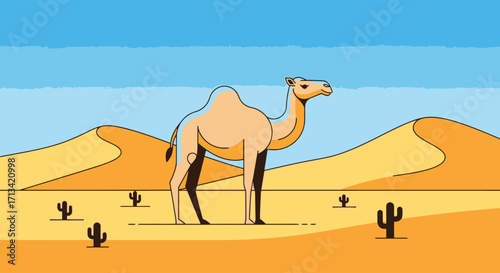 Cartoon Illustration of a Camel in a Desert Landscape with Sand Dunes and Cacti, Ideal for Children's Books, Educational Materials, or Travel-Themed Designs.