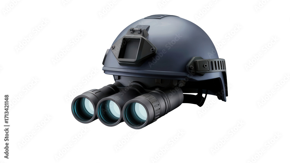 Fototapeta premium Tactical military helmet with advanced night vision goggles and binoculars attached isolated on transparent background