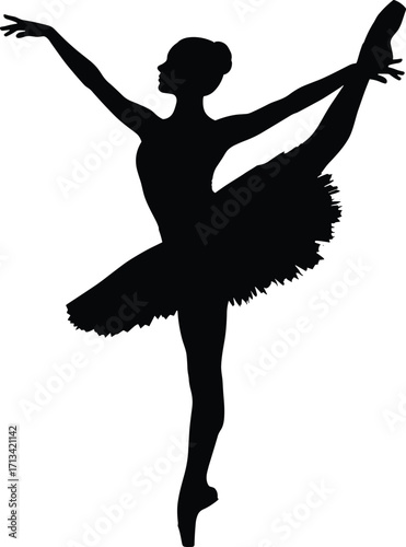 Silhouette of a graceful ballerina in elegant ballet pose, dancing on pointe with arms extended and tutu flowing.