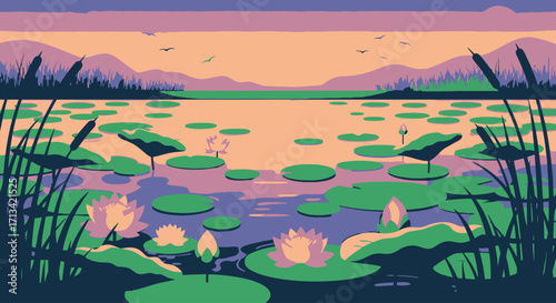 Serene Lake Landscape Illustration with Water Lilies, Cattails, and Distant Mountains, Ideal for Nature-Themed Designs, Environmental Awareness Campaigns, and Relaxation Imagery