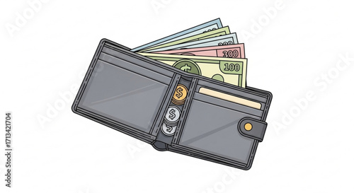 Wallet with money cash currency finance savings wealth investment income earnings and coins illustration
