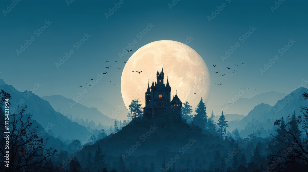 custom made wallpaper toronto digitalMysterious Castle Silhouette Against Full Moon at Night