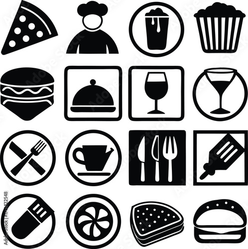 Diverse collection of food and drink icons representing culinary delights and restaurant ambiance for creative projects