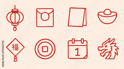 Simple red outline icons dragon lantern calendar coin ingot envelope