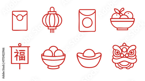 Red outline icons including lantern envelope ingot bowl lion head