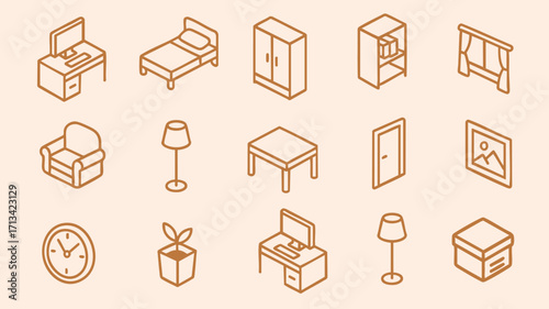 Outline furniture icons including sofa bed table chair lamp decoration