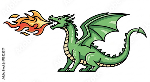Green dragon spitting fire illustration fantasy mythical creature cartoon drawing clip art vector image design