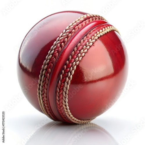 Shiny red cricket ball with prominent stitching on white background
