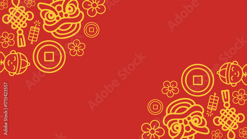 Red chinese new year background with gold traditional symbol decoration