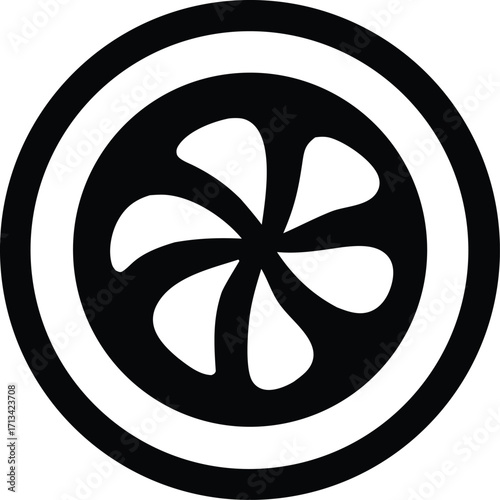 Abstract circular motif with fan-like petals and concentric rings symbolizing motion and energy