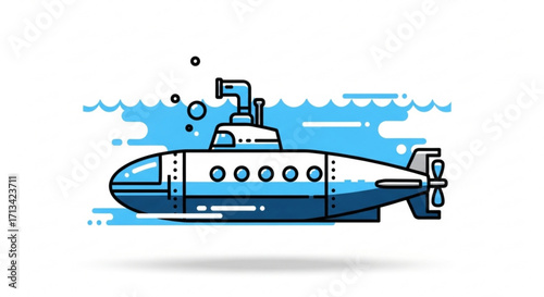 Illustration of blue submarine underwater with waves and bubbles vector graphic design template download