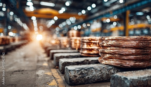 Copper coils stacked in a factory