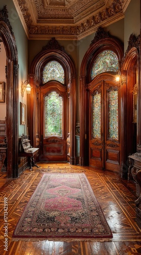 Ornate hallway with stained glass