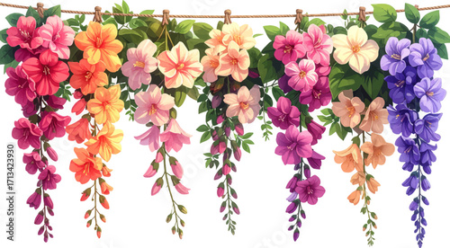 Soft pastel floral hanging arrangement. Delicate flowers with vibrant hues. Elegant cascading flowers in baskets. Floral decor with a mix of colors. Hanging flowers in pink, purple, and orange