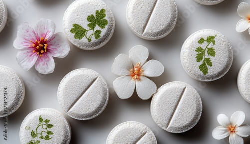 White pills with floral motifs
