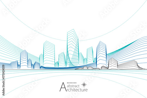 An urban landscape showcasing imaginative and abstract architectural line art.