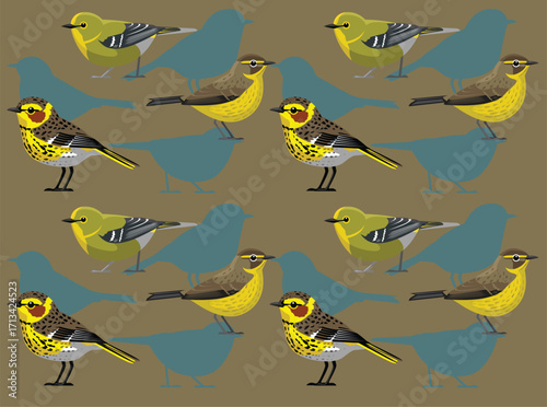 Pine Cape May Warbler Set Bird Cartoon Character Seamless Wallpaper Background