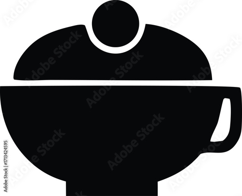 Simple black silhouette of a covered bowl or soup tureen with handle for food service and culinary themes
