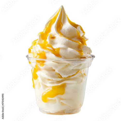 Vanilla soft serve ice cream topped with mango sauce in plastic cup isolated on white background, tropical fruity dessert perfect for summer refreshment