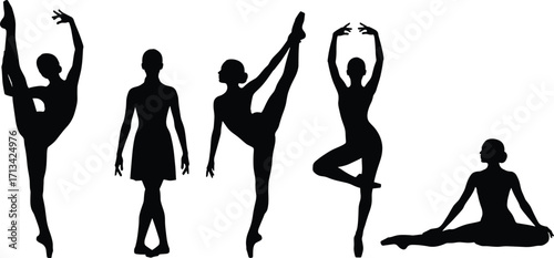 Silhouettes of five dancers in various ballet and stretching poses, showcasing grace, flexibility, and elegance.