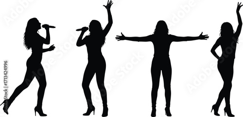 Silhouettes of four female singers performing on stage, singing with microphones and dynamic dance poses.