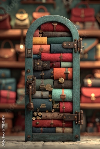 Door filled with colorful rolled leather goods