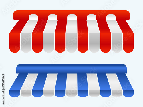 Set of Two Modern Striped Store Awnings in Classic Red and Blue Colors for Commercial Design