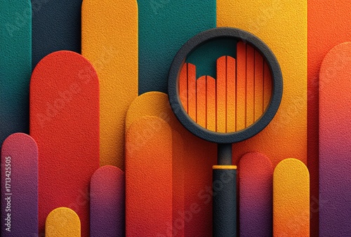 Colorful graphic with magnifying glass over data