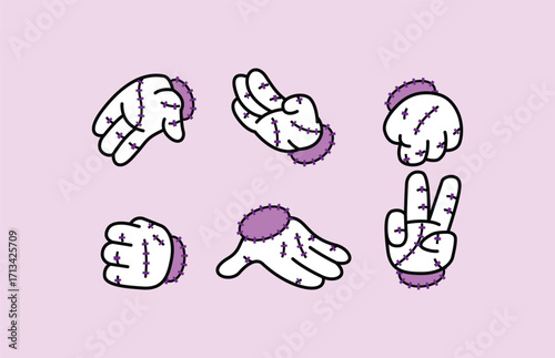 Six stylized cartoon hands, depicted in white with purple cuffs, showcase different gestures and poses against a light pink background. Disembodied Hand Halloween Retro Mascot.