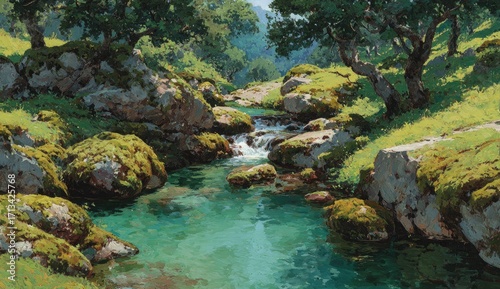 Tranquil creek flowing through mossy rocks