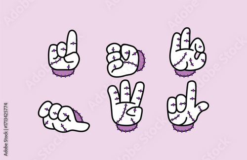 A collection of six stylized cartoon hands, each depicted with a white outline and purple cuffs, illustrating various hand gestures and numerical counts. Disembodied Hand Halloween Retro Mascot.