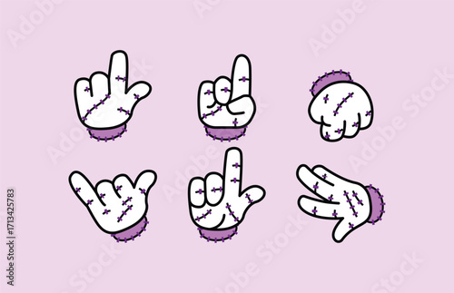 A collection of six stylized cartoon hands, each with distinct gestures and purple cuffs, presented against a soft pink background. Disembodied Hand Halloween Retro Mascot.