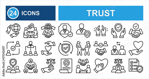 Trust line icons set Minimalist with editable stroke, featuring responsibility, reliable, comitment, unity, trust, consistency, friend, trusted, truth, loyalty, belief, swea. thin linear illustration.