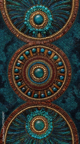 Teal, brown, and gold circular design with gemstone and feather accents