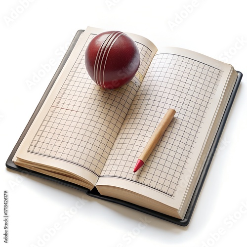 Open Ledger Book with Cricket Ball and Pen on White Background