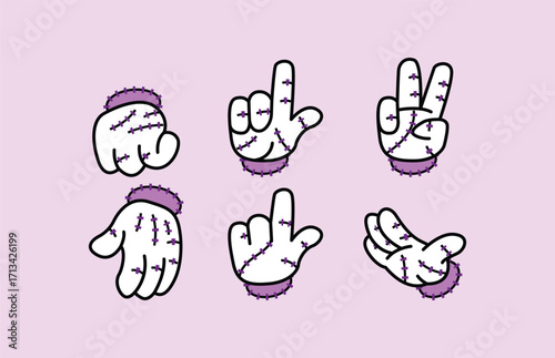 A set of six stylized cartoon hands, each with purple cuffs, depicted in different poses and gestures against a light pink background. Disembodied Hand Halloween Retro Mascot.