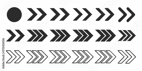 Collection of black arrows pointing right with varying thicknesses and a solid circle on white background | editable eps vectors silhouette