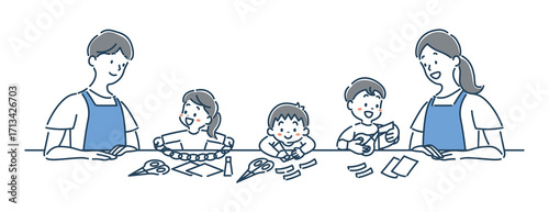 笑顔で工作をする女の子と男の子の園児と保育士のイラスト素材